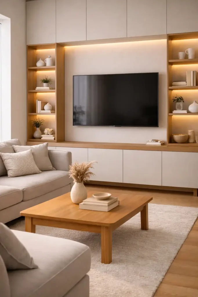 Modern living room tv wall unit with built-in storage and sleek design