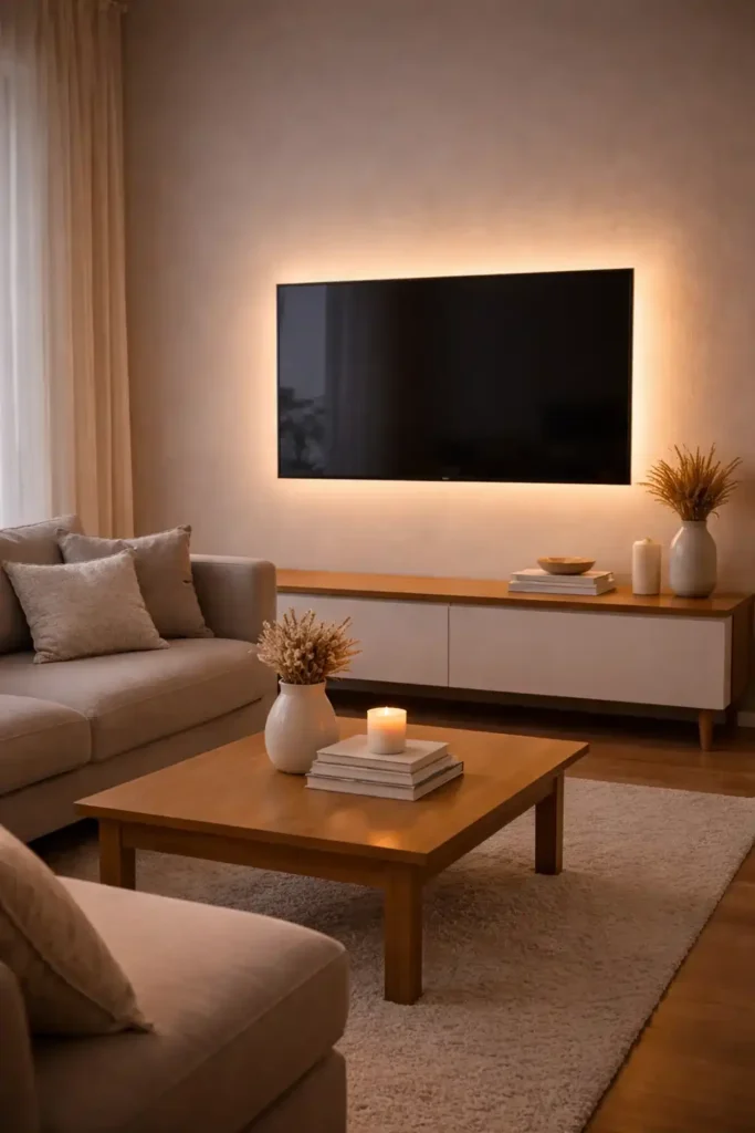 Living room tv wall with LED backlighting creating a soft cozy glow