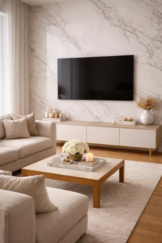 Luxury living room tv wall with marble feature wall and elegant styling