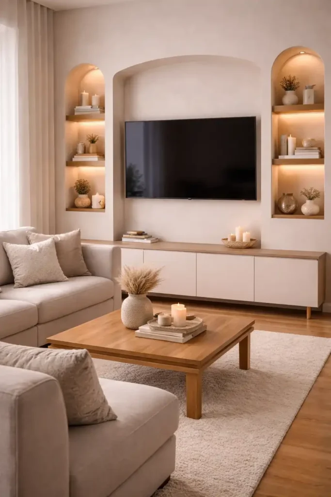 Cozy living room tv wall with built-in niches and warm lighting accents