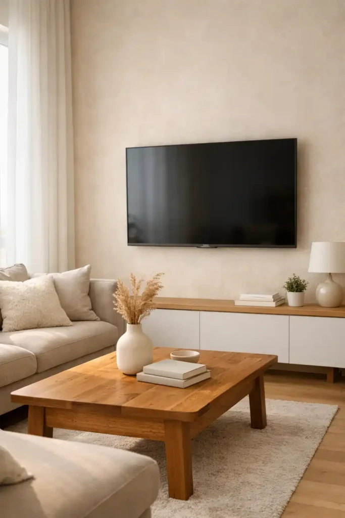 Cozy modern living room tv wall with neutral tones and wall-mounted TV design