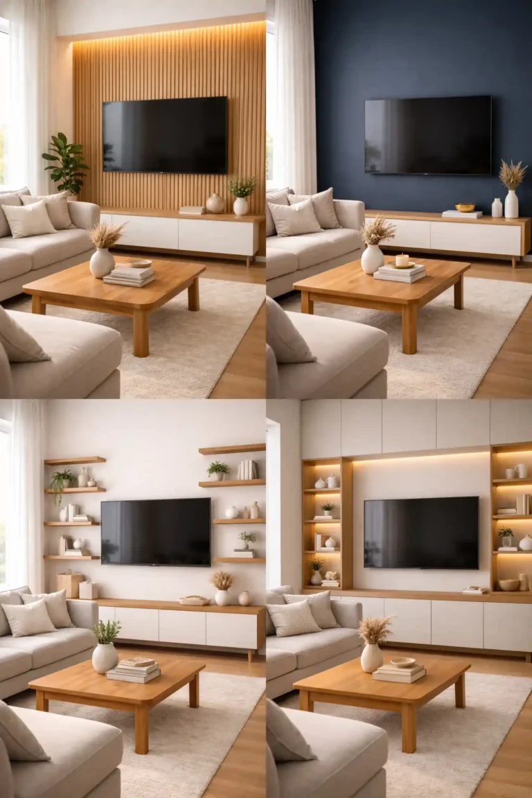Modern living room tv wall collage featuring wood panel, accent wall, floating shelves, and built-in unit designs