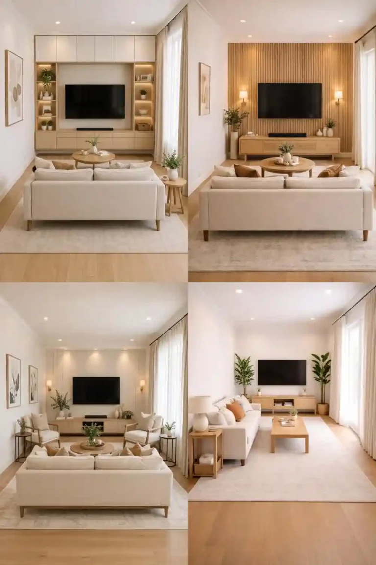 long narrow living room layout with tv collage featuring four modern neutral decor ideas in a pinterest-style grid