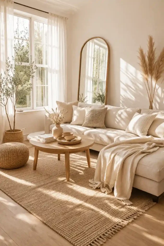 Boho minimalist living room with natural light, sheer curtains, and airy feel