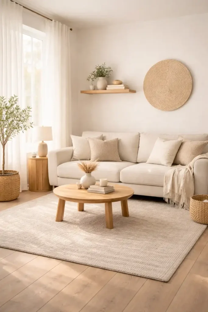 Soft neutral tones in a boho minimalist living room with cozy layered textures