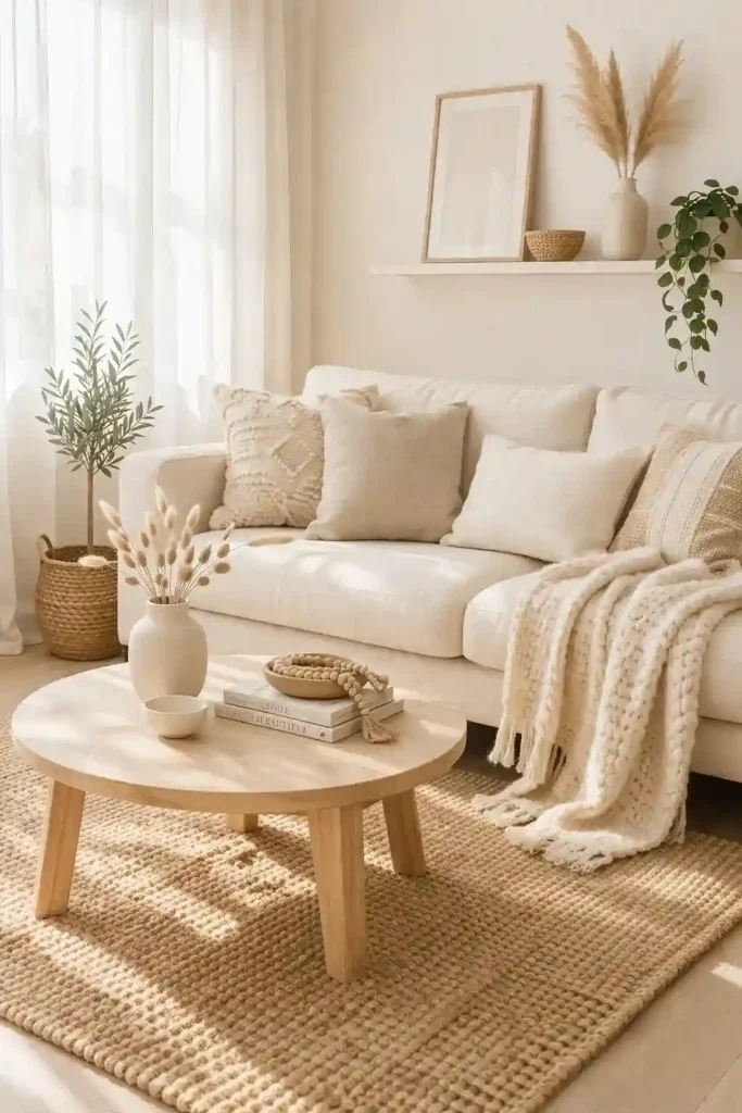 Boho minimalist living room with soft neutral tones, linen sofa, and airy Scandinavian feel