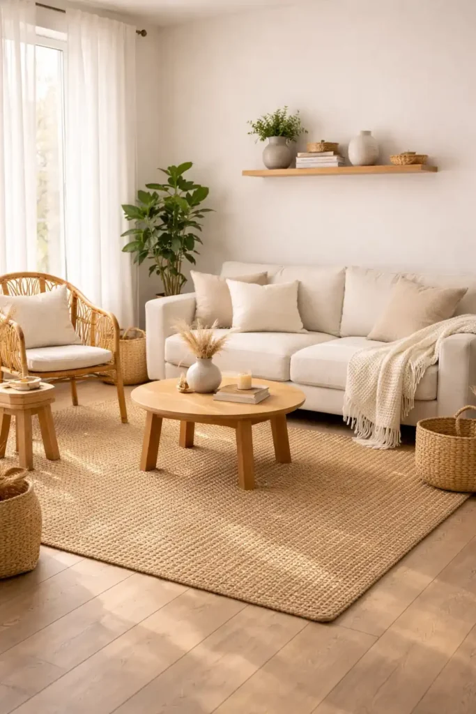 Boho minimalist living room with rattan, jute, and cozy textured decor