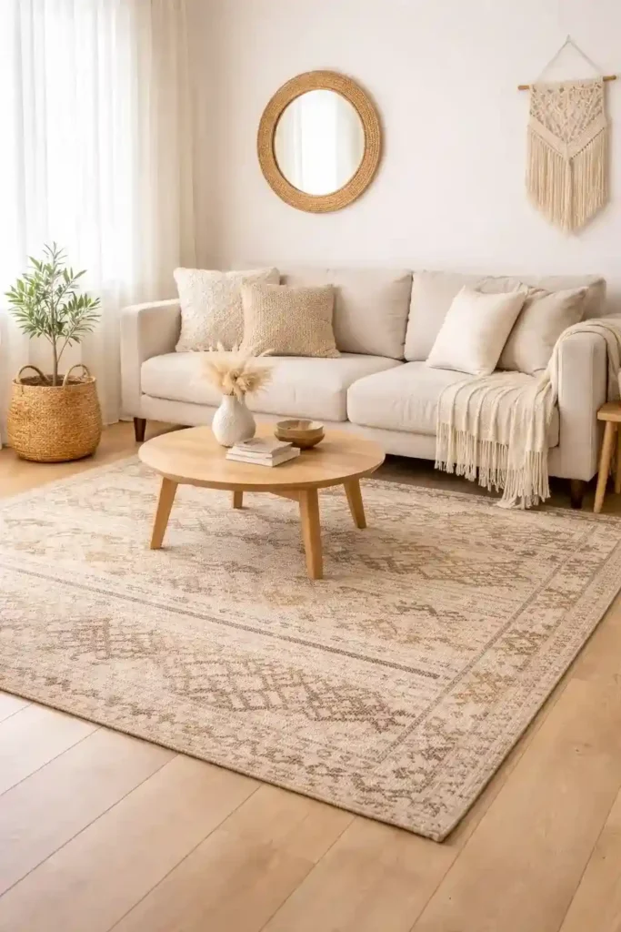 Boho minimalist living room with a woven rug adding warmth and subtle pattern