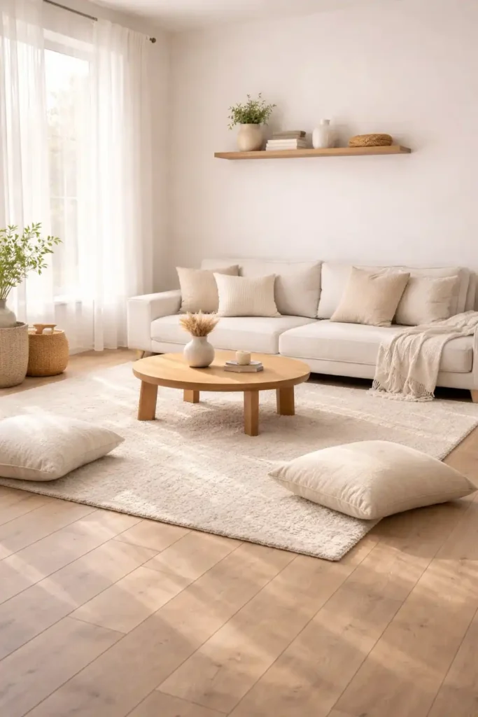 Airy boho minimalist living room with low-profile furniture and open space