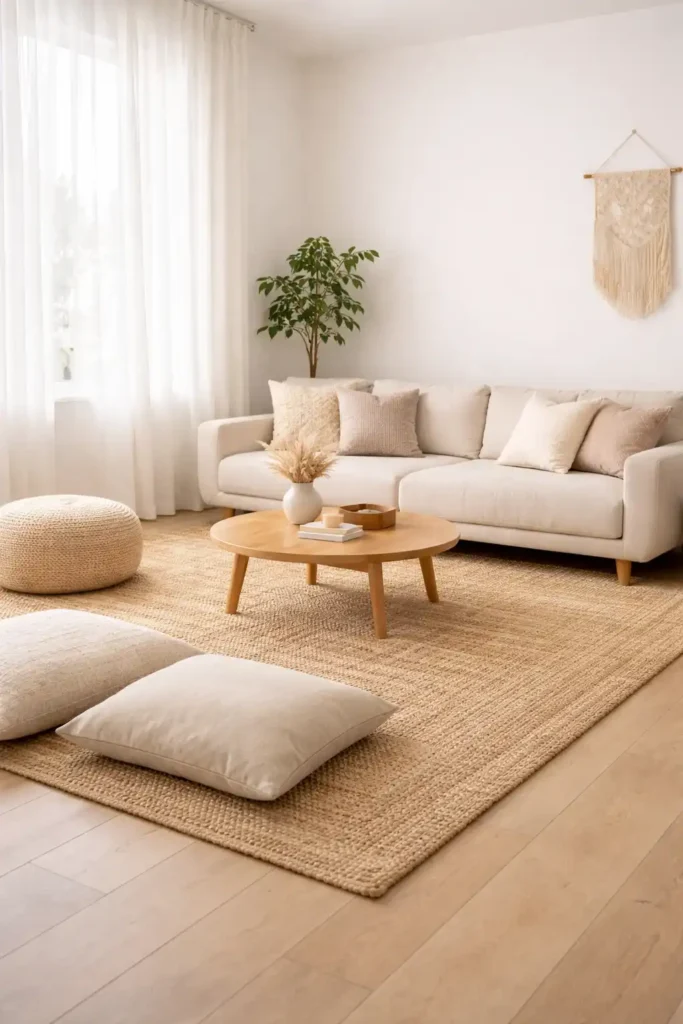 Boho minimalist living room with low furniture and airy, open layout