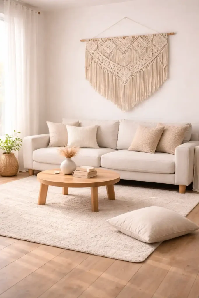 Boho minimalist living room with a large macrame statement wall decor