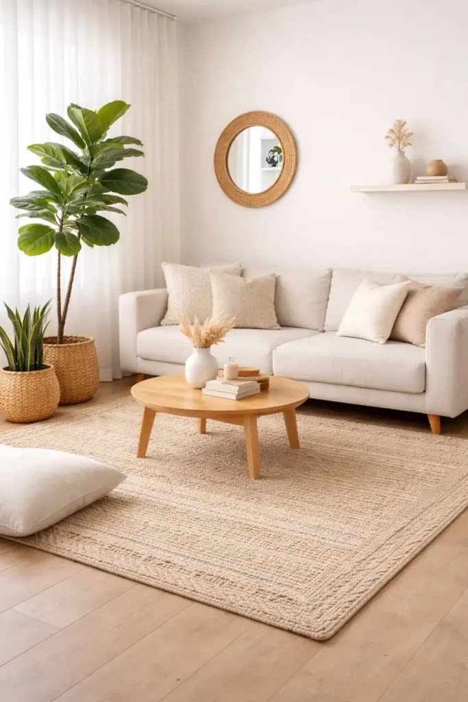 Boho minimalist living room with simple greenery and natural earthy accents