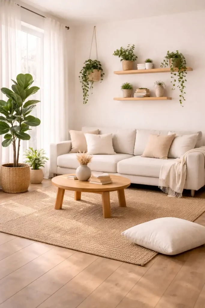 Boho minimalist living room with indoor plants and fresh natural vibe