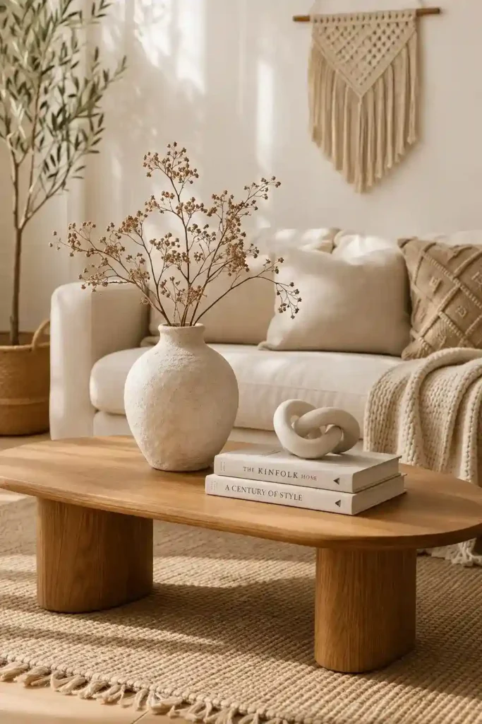 Boho minimalist living room with minimal decor and intentional styling accents