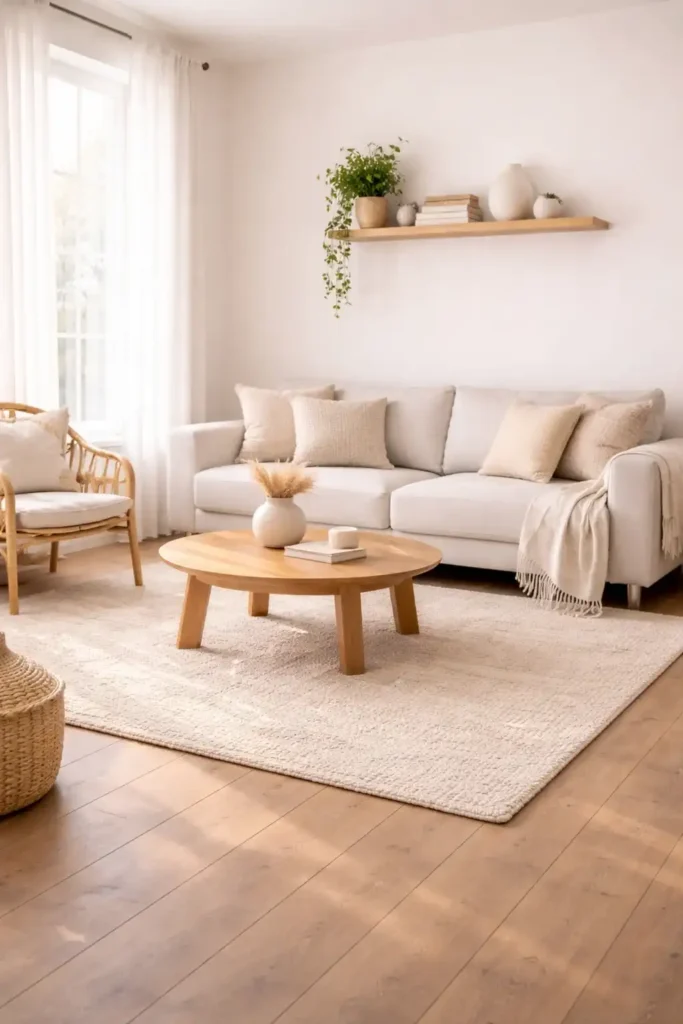 Scandinavian boho minimalist living room with cozy textures and clean design
