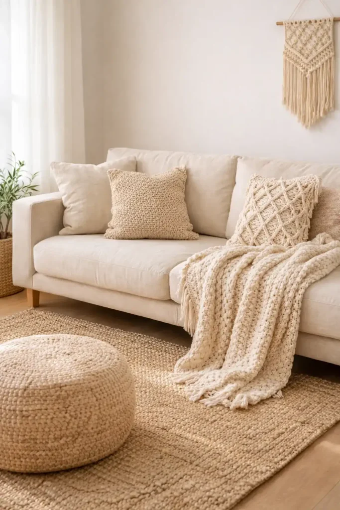 Cozy boho minimalist living room with layered textures and soft neutral tones