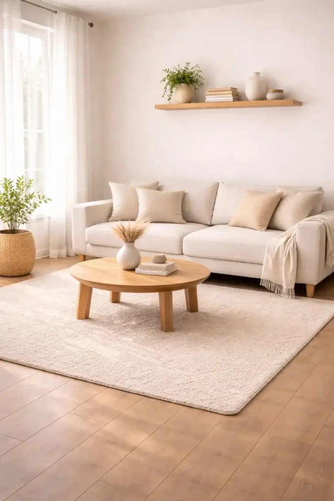 Simple boho minimalist living room with intentional and clutter-free decor