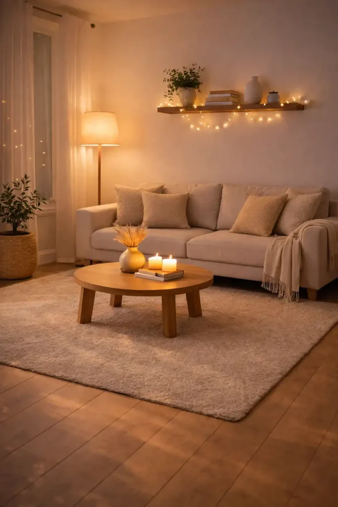 Cozy boho minimalist living room with warm soft lighting and ambient glow