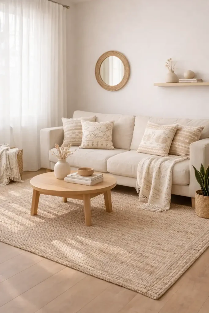 Boho minimalist living room with subtle patterns and soft cohesive design