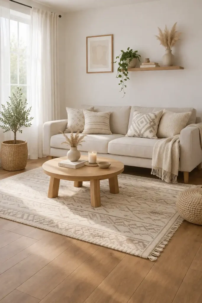 Boho minimalist living room with soft subtle patterns and neutral decor