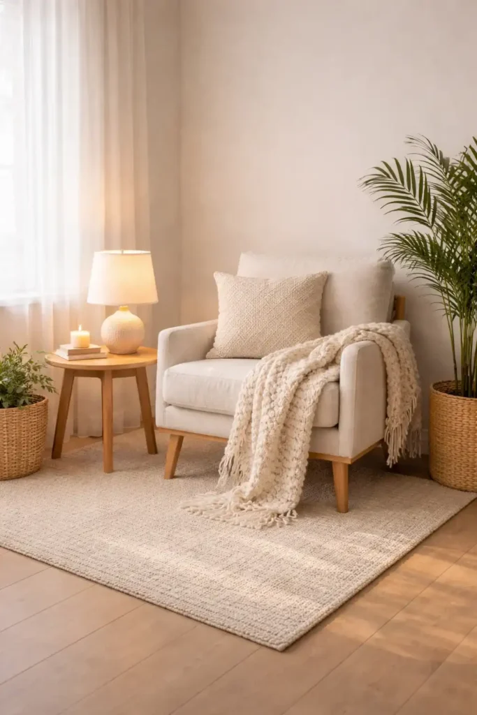 Boho minimalist living room cozy corner with chair, soft lighting, and relaxing vibe