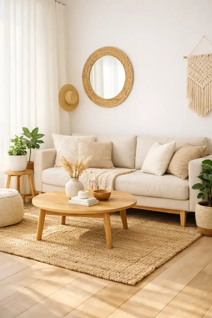 Boho minimalist living room with soft neutral tones, linen sofa, and airy Scandinavian feel