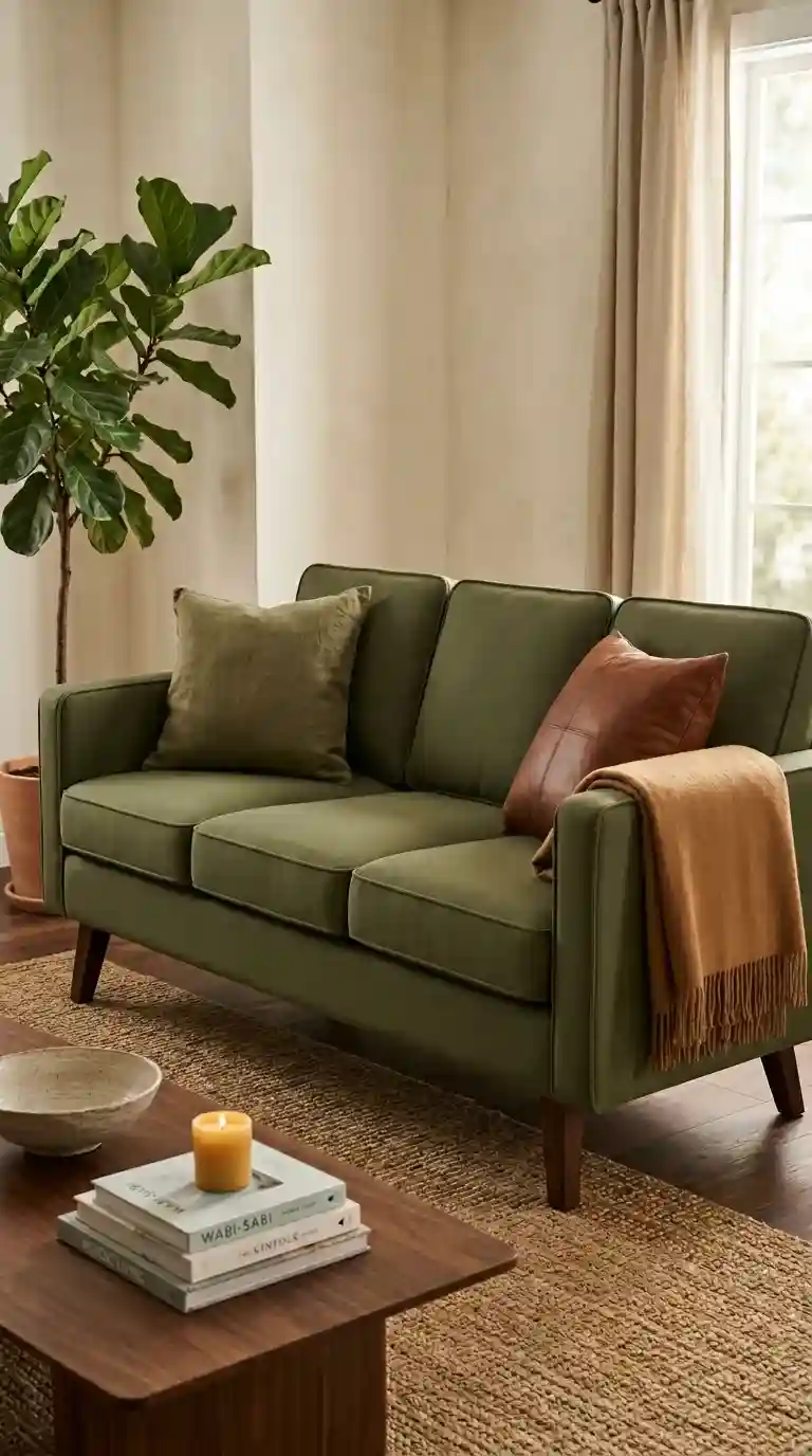 Olive green canvas sofa with a caramel wool blanket and dark walnut legs beside a walnut coffee table with books and a candle