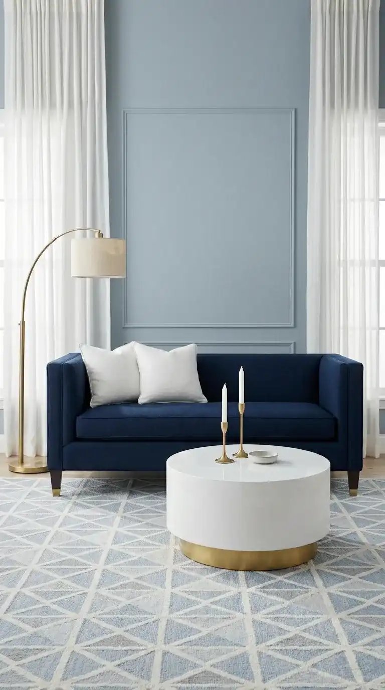 Deep navy blue tuxedo sofa close up with blue-grey walls and brushed gold arc lamp in monochrome luxury living room background