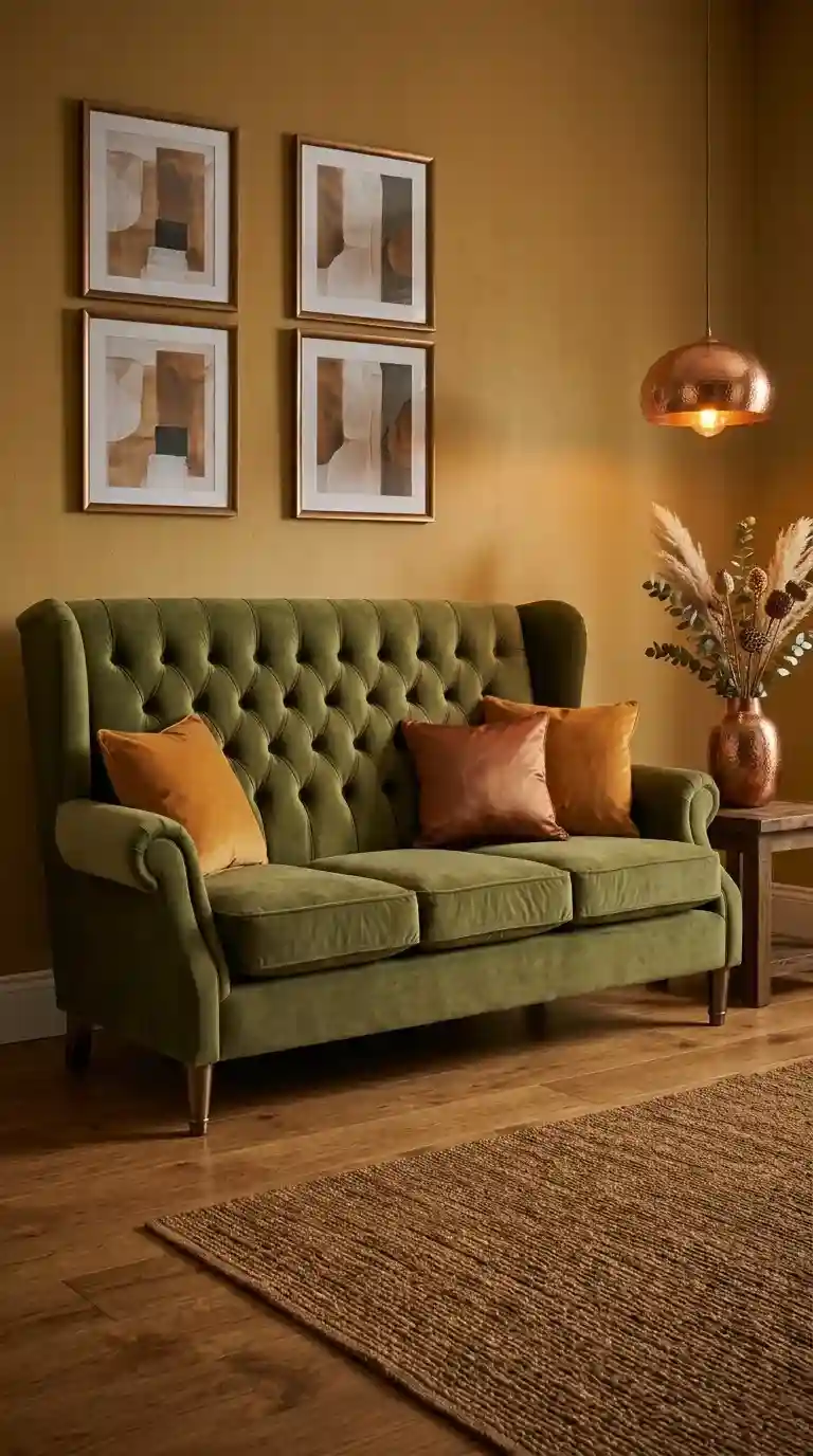 Olive green tufted velvet sofa with amber cushions and bronze legs beside a hammered copper vase and warm pendant light