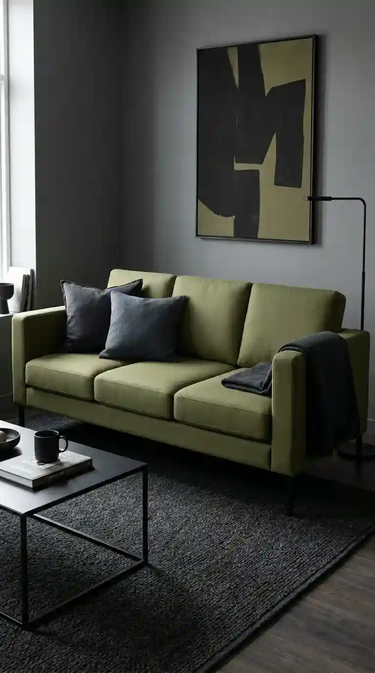 Olive green structured sofa with charcoal pillows and black steel legs beside a matte black coffee table and dark grey walls