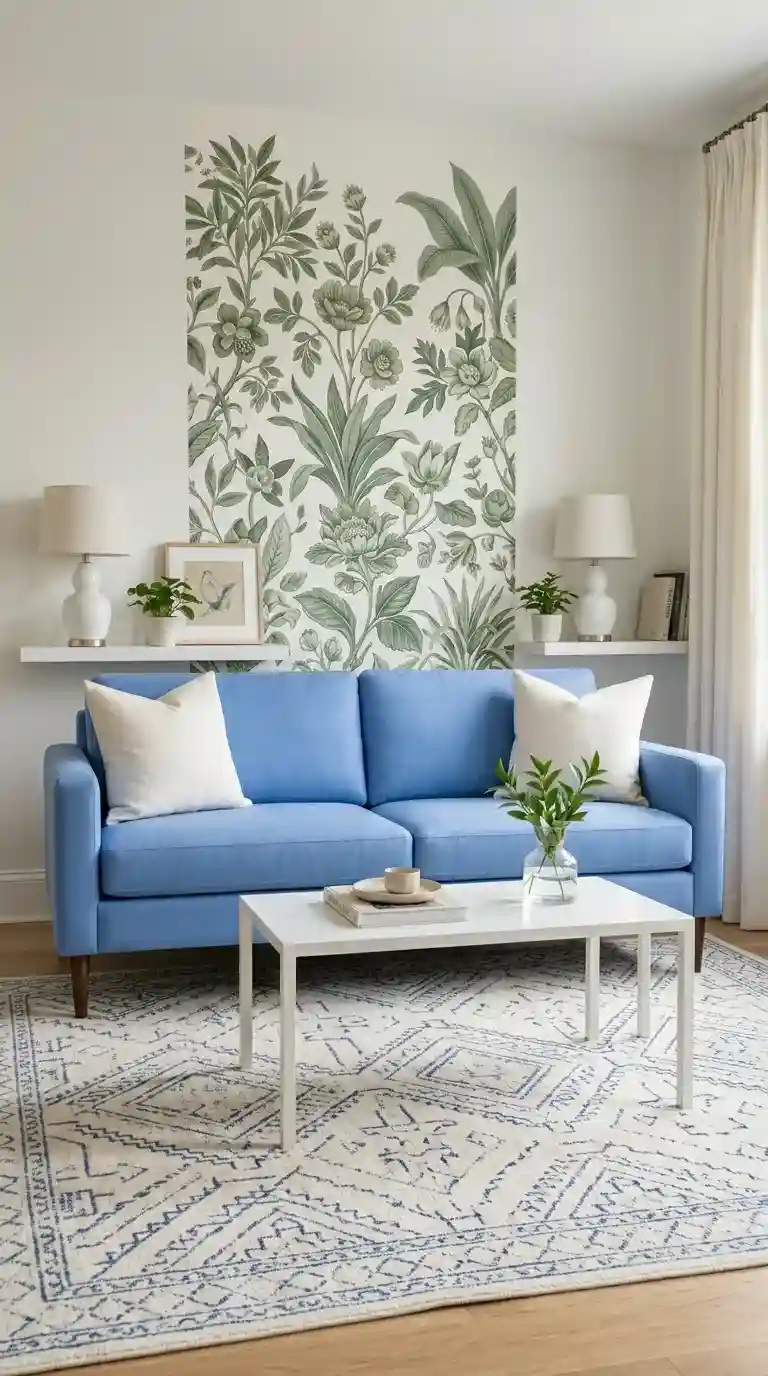 Cornflower blue sleeper sofa close up with botanical wallpaper panel and white linen curtains in luxury living room background