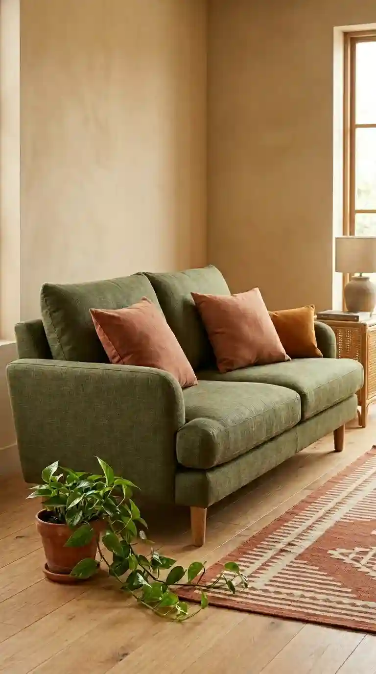 Olive green linen sofa with terracotta throw pillows and a clay pot plant beside a flat weave terracotta and cream rug