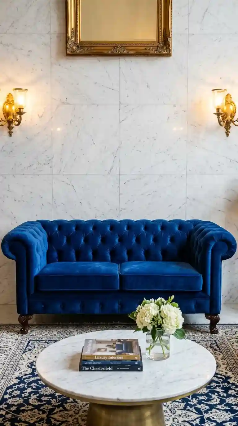 Royal blue tufted Chesterfield sofa close up with white marble wall and brass sconces in luxury living room background