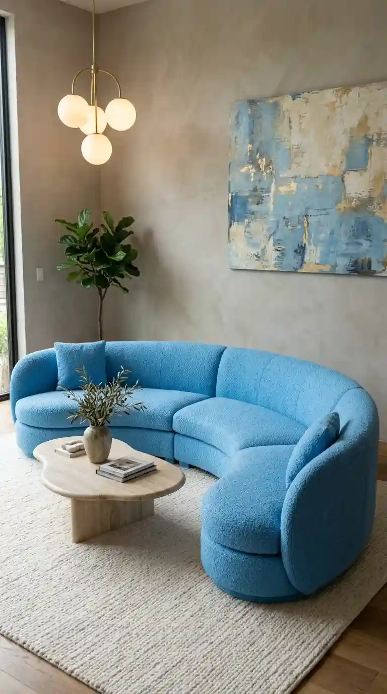 Sky blue boucle curved sofa close up with travertine coffee table and gold pendant light in luxury living room background
