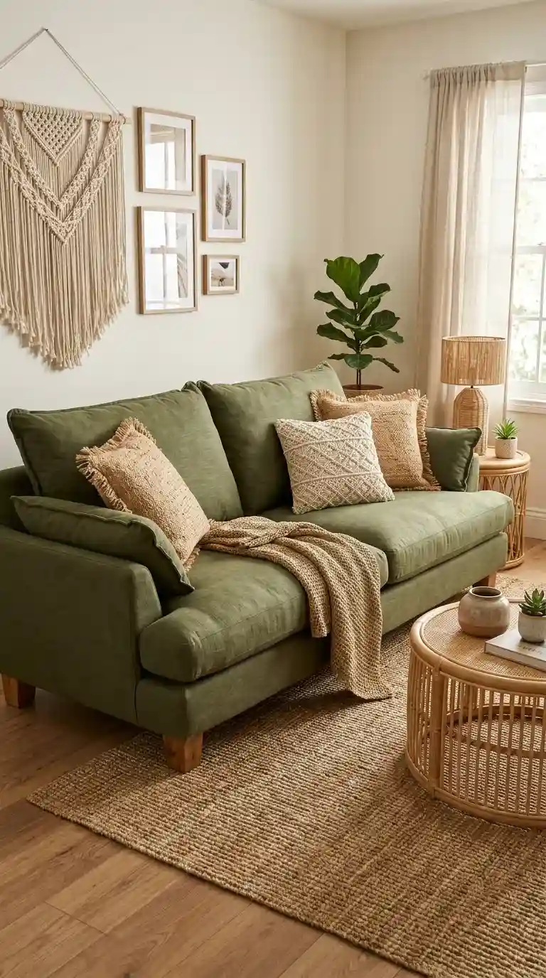 Olive green cotton slub sofa with woven jute cushions and a seagrass throw styled with a rattan coffee table in a boho room
