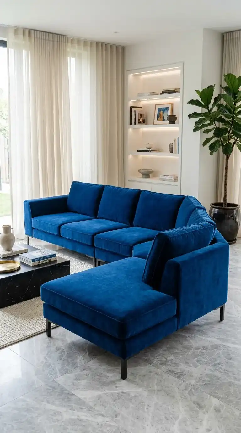 Deep sapphire blue L-shaped modular sofa close up with black marble coffee table and marble flooring in background