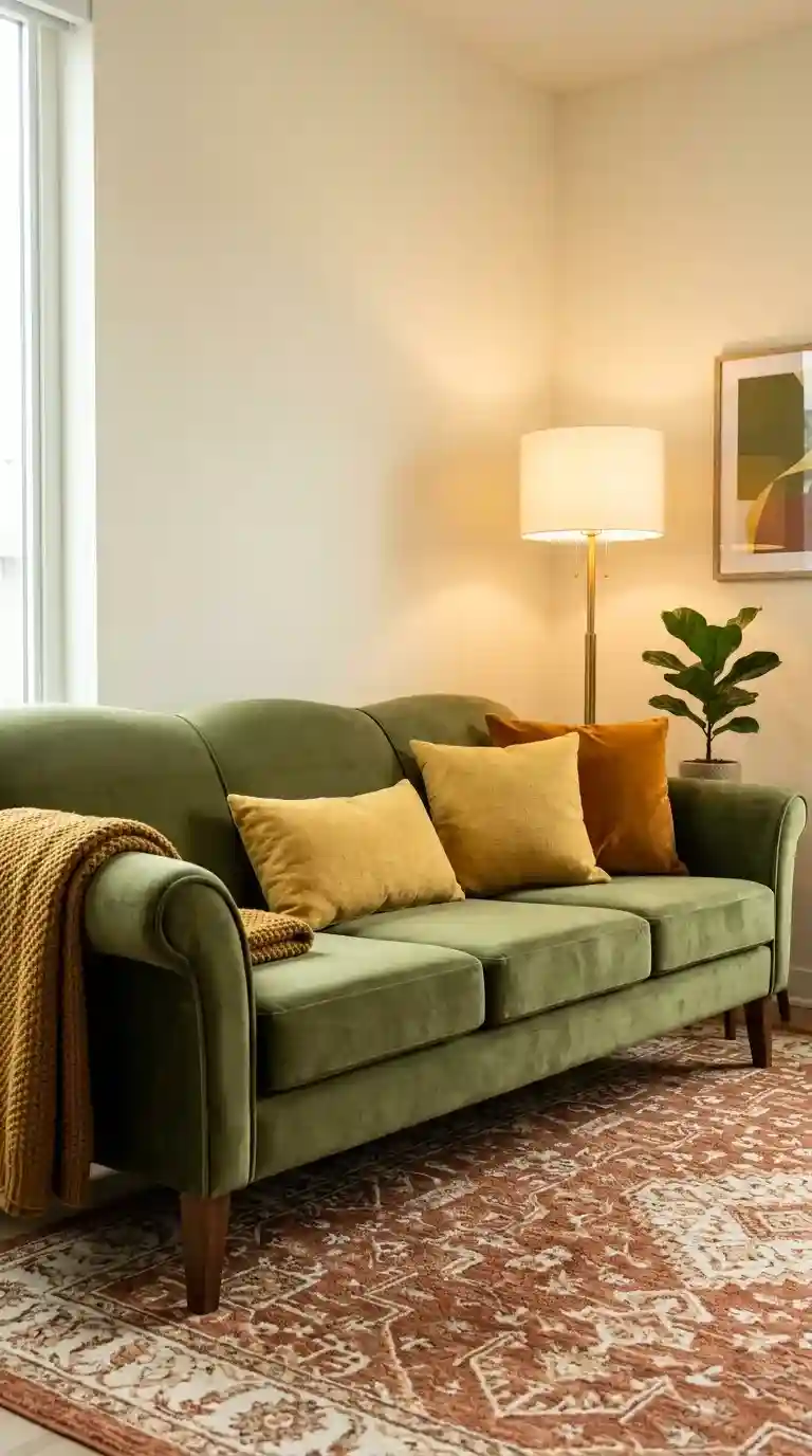 Olive green velvet sofa with mustard yellow linen pillows and a dark amber knit blanket beside a warm brass floor lamp