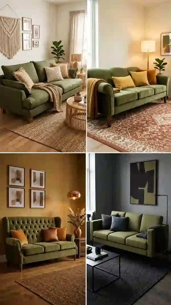 Collage of four stylish olive green sofa sofa living room ideas, featuring cozy modern, boho, classic, and contemporary interiors with warm décor, textured rugs, and accent pillows.