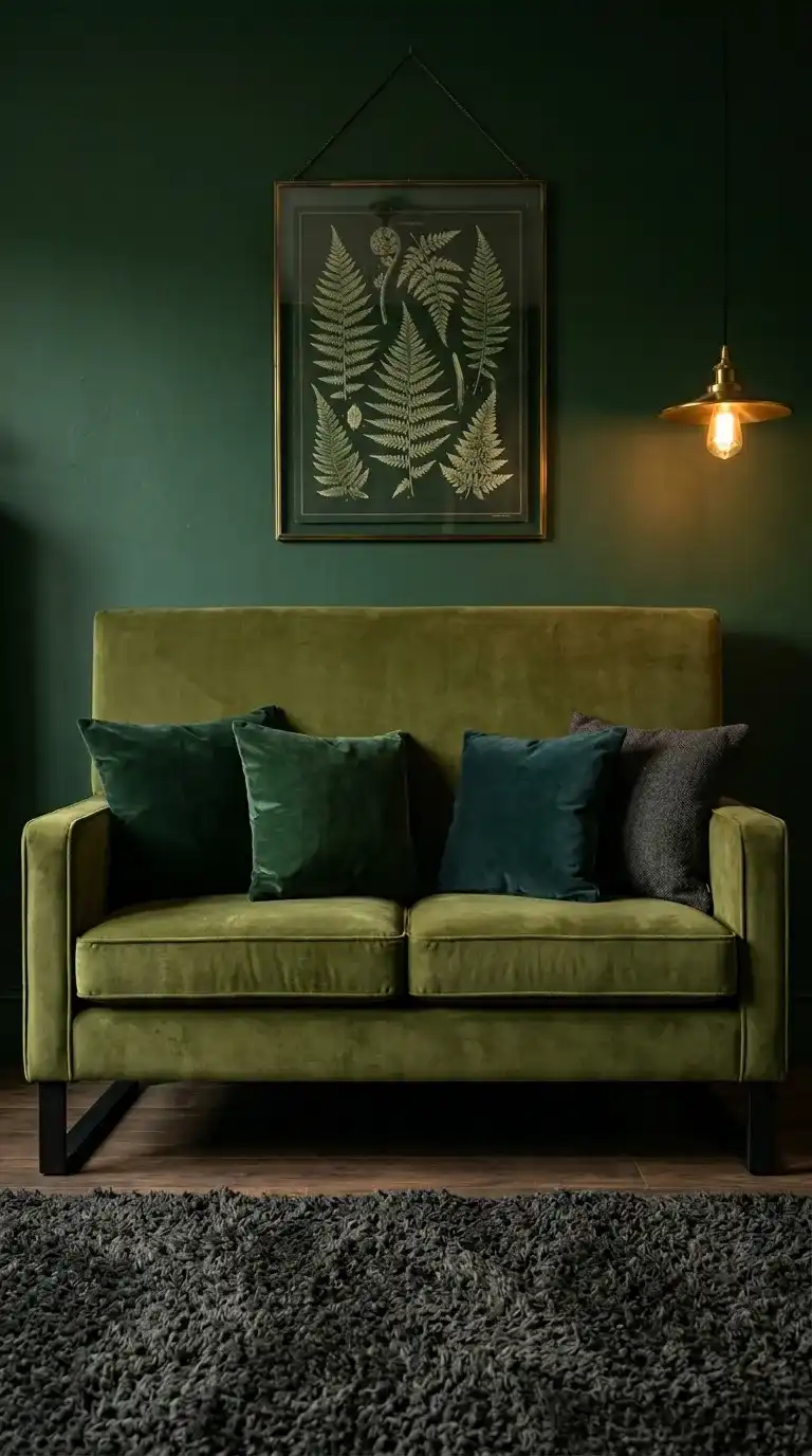 Olive green high back velvet sofa with forest green cushions and black metal legs against deep forest green painted walls