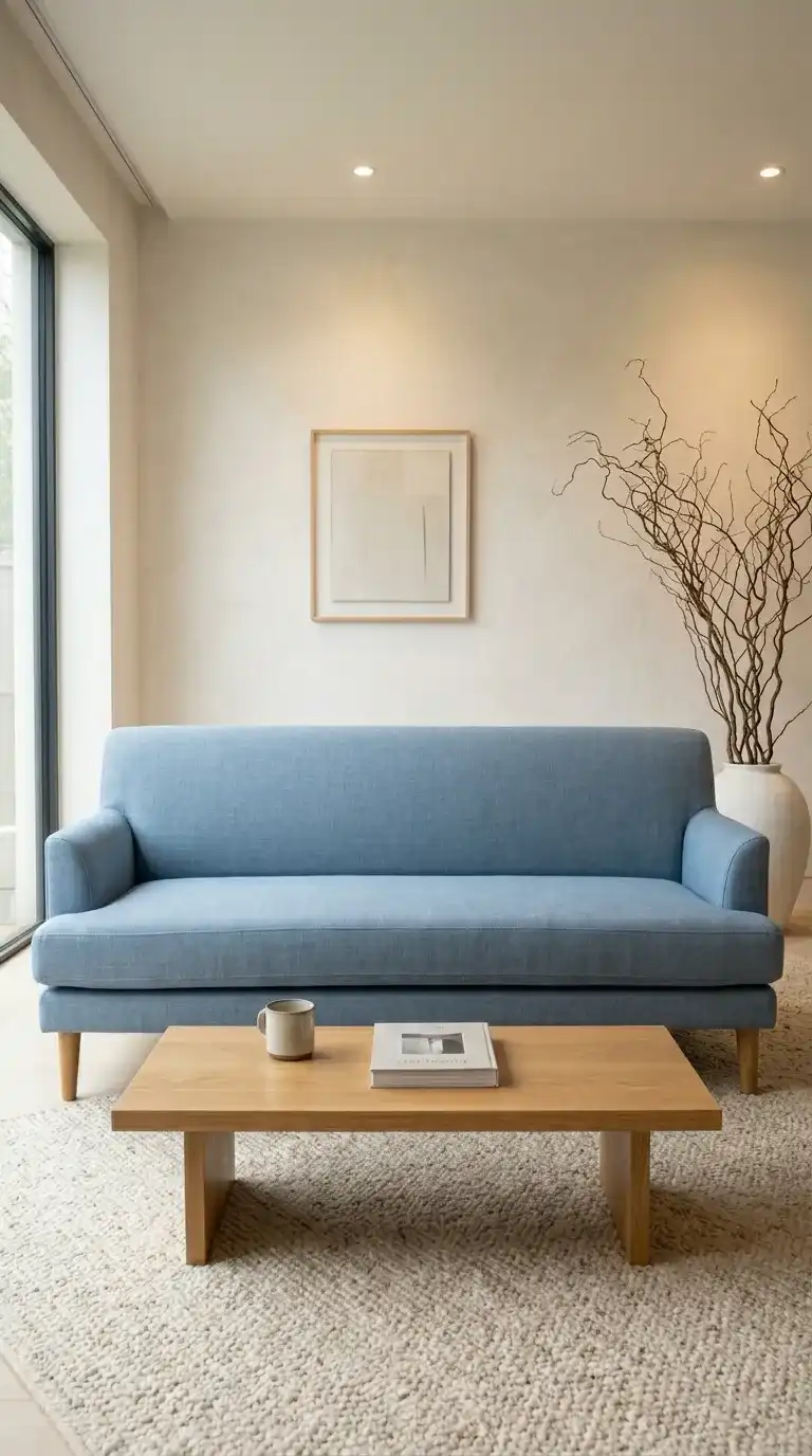 Soft blue linen tight back sofa close up with oak legs and limewash walls in Japandi luxury living room background