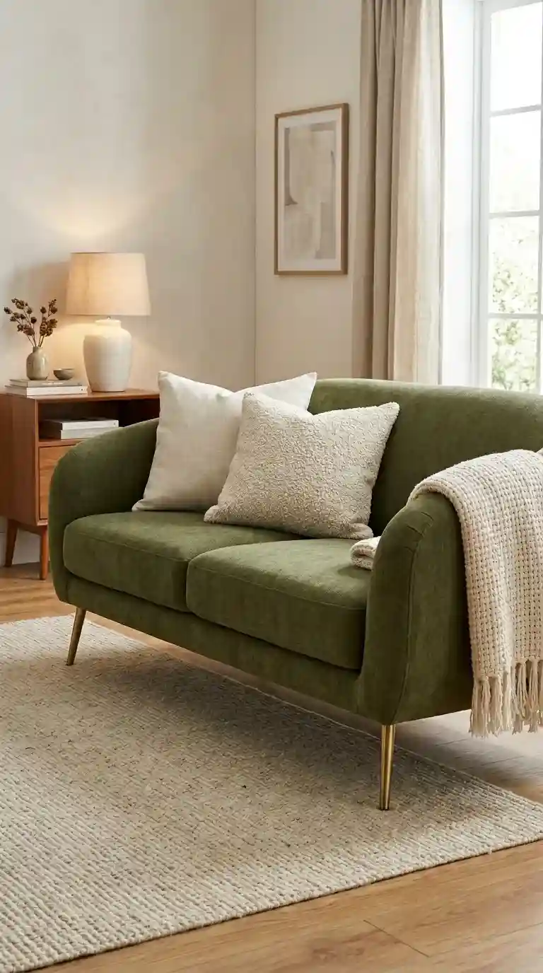 Olive green chenille sofa with ivory linen cushions, cream boucle pillow, and brushed brass legs in a soft neutral living room