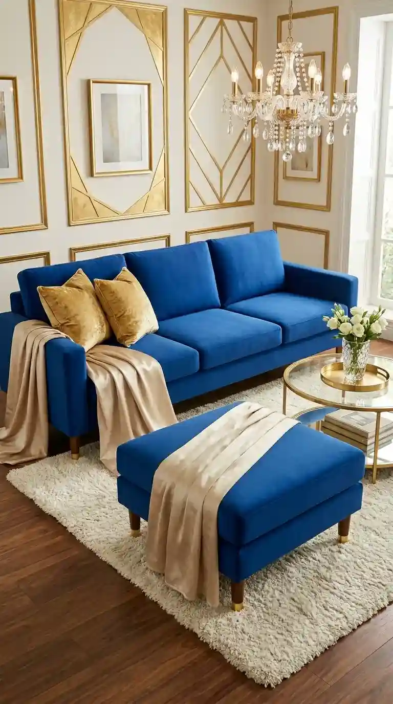 Sapphire blue chaise sectional sofa close up with gold cushions and crystal chandelier in glamorous living room background