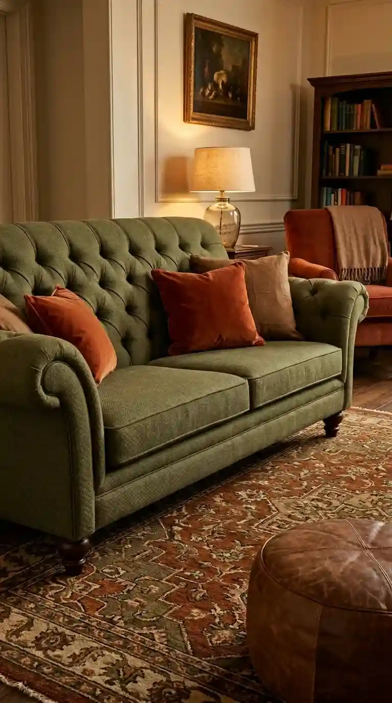 Olive green Chesterfield style sofa with rust velvet pillows and mahogany bun feet beside a Persian rug and leather pouf