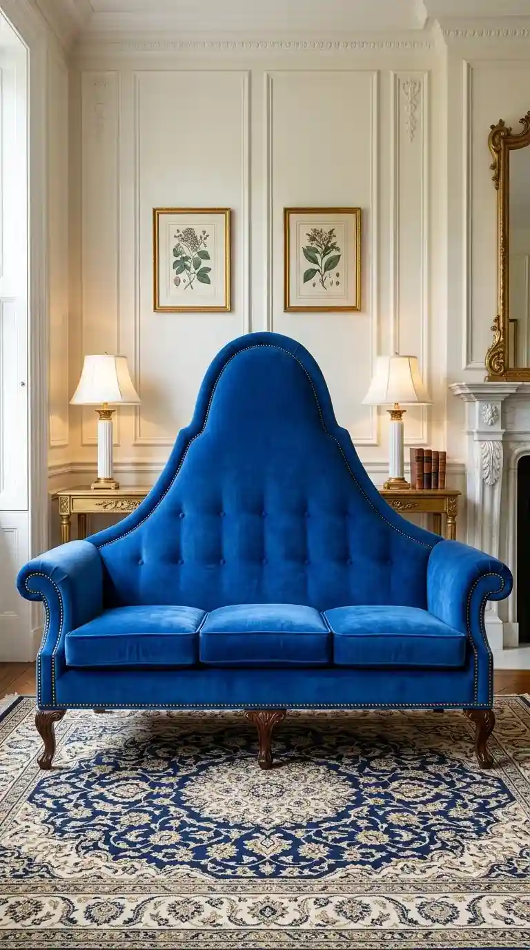 Cobalt blue camelback sofa close up with white wainscoting and marble fireplace in classic luxury living room background