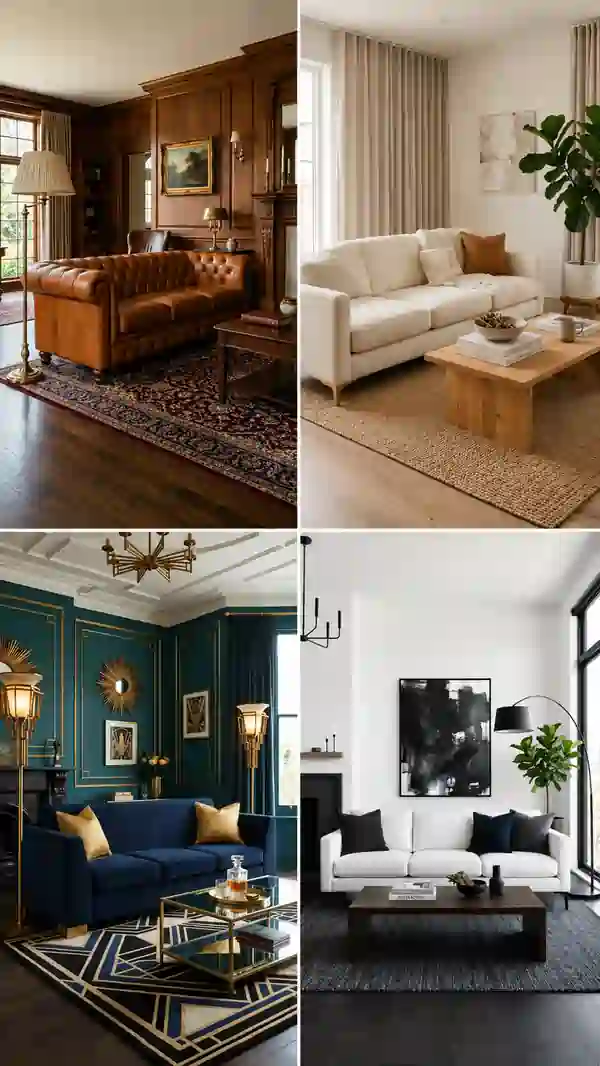 Luxury sofa sofa living room collage featuring classic leather, modern neutral, Art Deco, and contemporary sofa designs in elegant interiors.
