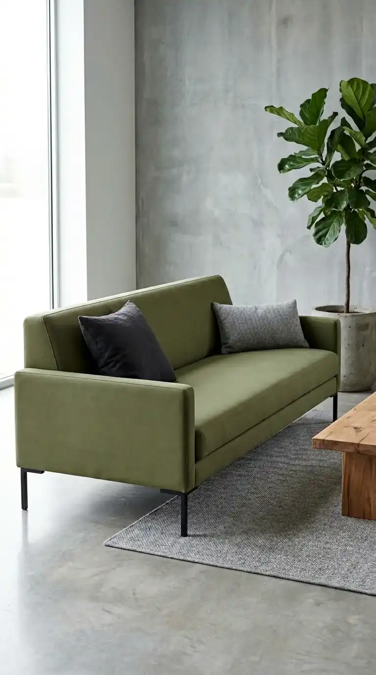 Olive green minimal sofa with a single charcoal cushion and black steel legs against concrete grey walls with a raw wood table