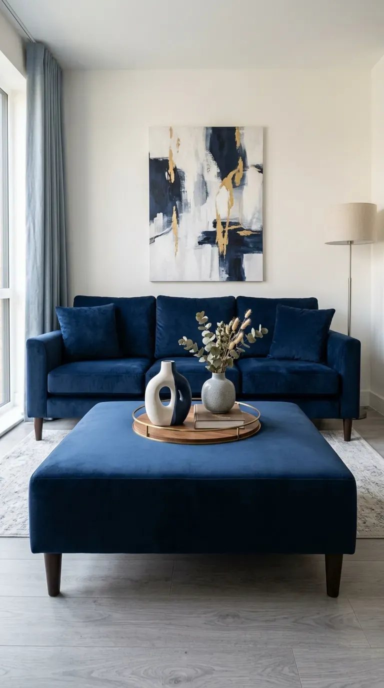 Navy blue sofa and matching ottoman close up with abstract canvas and grey oak flooring in luxury living room background