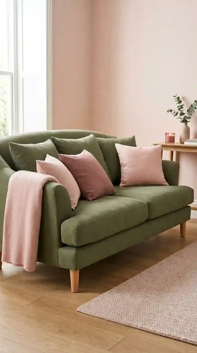 Olive green sofa living room ideas with blush pink linen pillows, a dusty rose throw, and a soft pink accent wall behind