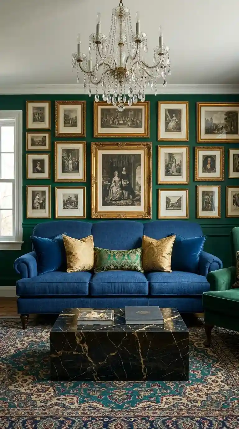 Deep ink blue rolled arm sofa close up with emerald green walls and gold-framed art in maximalist luxury living room background