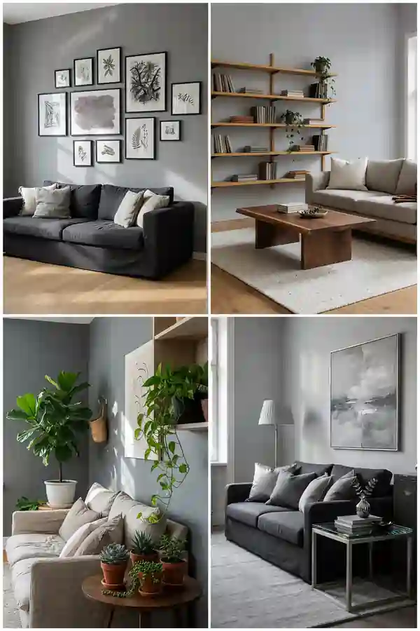 Gray walls living room featuring modern sofas, gallery wall art, wooden shelving, plants, and minimalist decor in a bright, contemporary interior.